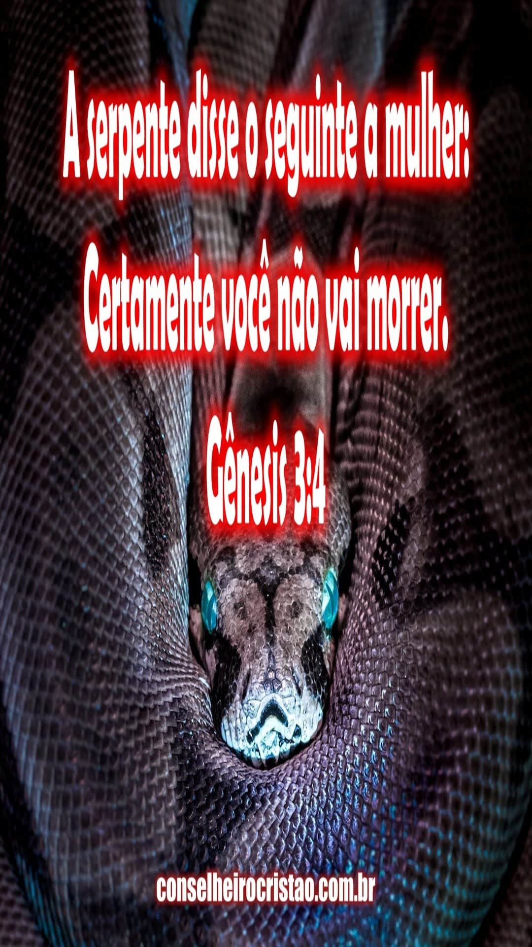 Palavra Bíblica do Dia 07-02-2023. 
Imagem de uma serpente enrolada olhando para frente. 
Na frente o versículo de Gênesis 3:4 que diz que Eva não morreria.