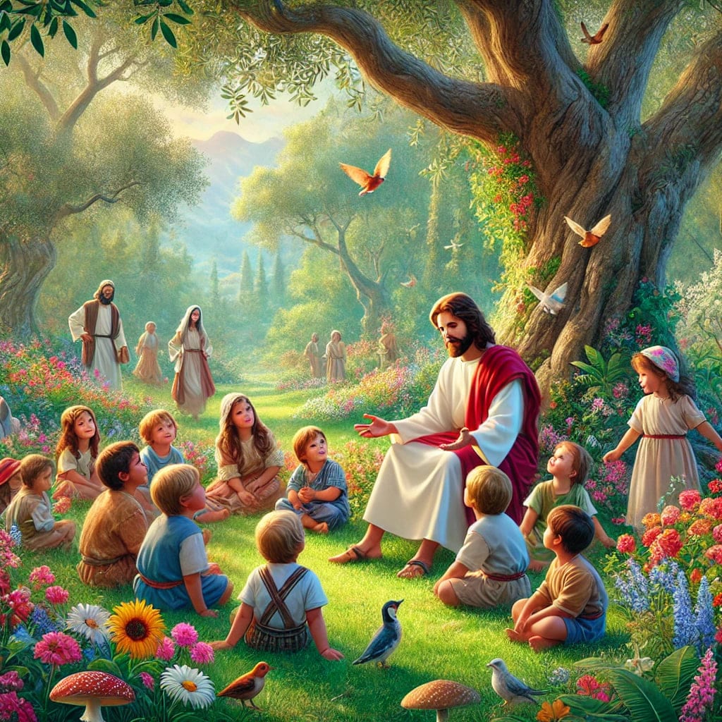 Ilustração do Jardim de Jesus e as Crianças. Imagem criada por IA