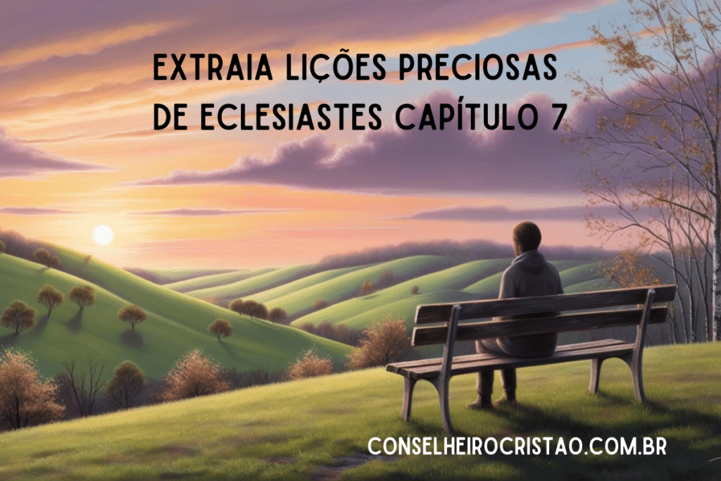 Sabedoria de Eclesiastes 7: Homem sentado em um banco observando o pôr do sol em um campo verdejante com árvores, acompanhado da frase "EXTRAIA LIÇÕES PRECIOSAS DE ECLESIASTES CAPÍTULO 7