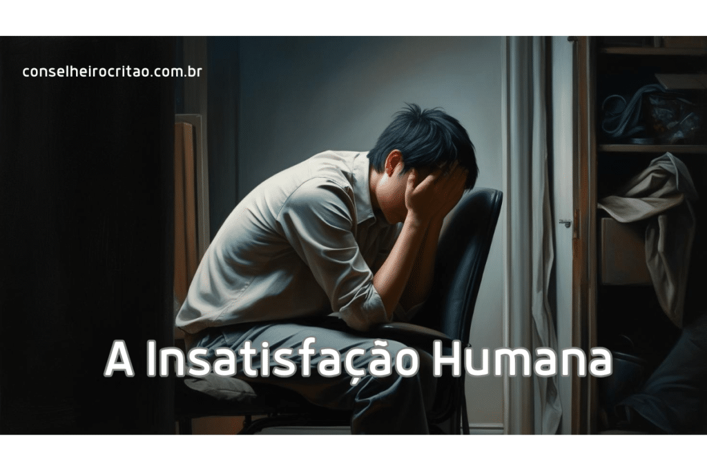 A Insatisfação Humana - Pessoa sentada com as mãos no rosto, expressando angústia, em um ambiente escuro e apertado.