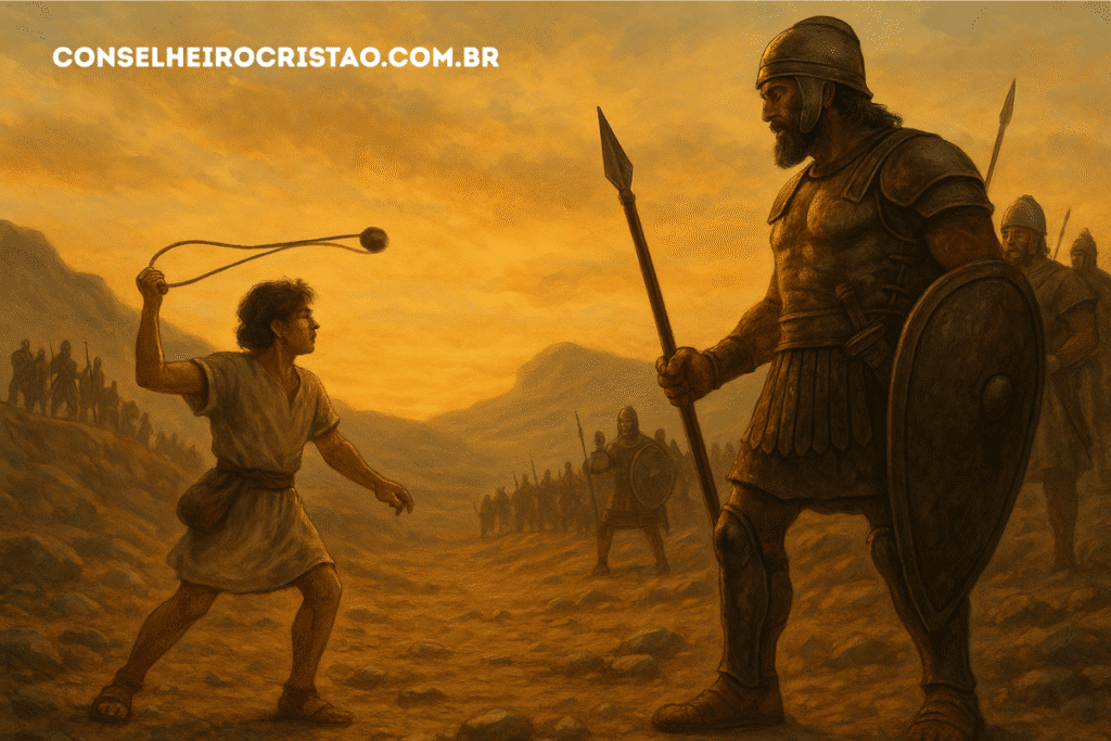 Aprenda com Davi: Ilustração bíblica de Davi enfrentando Golias no Vale de Elá, com fundo alaranjado ao entardecer.